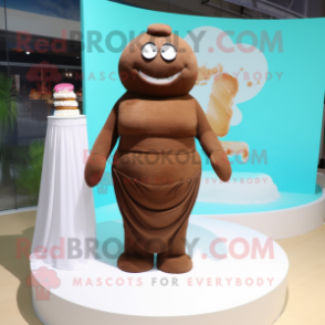 Brown Wedding Cake mascot costume character dressed with a One-Piece Swimsuit and Rings