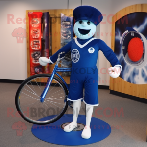 Navy Unicyclist mascot costume character dressed with a Jumpsuit and Shawl pins