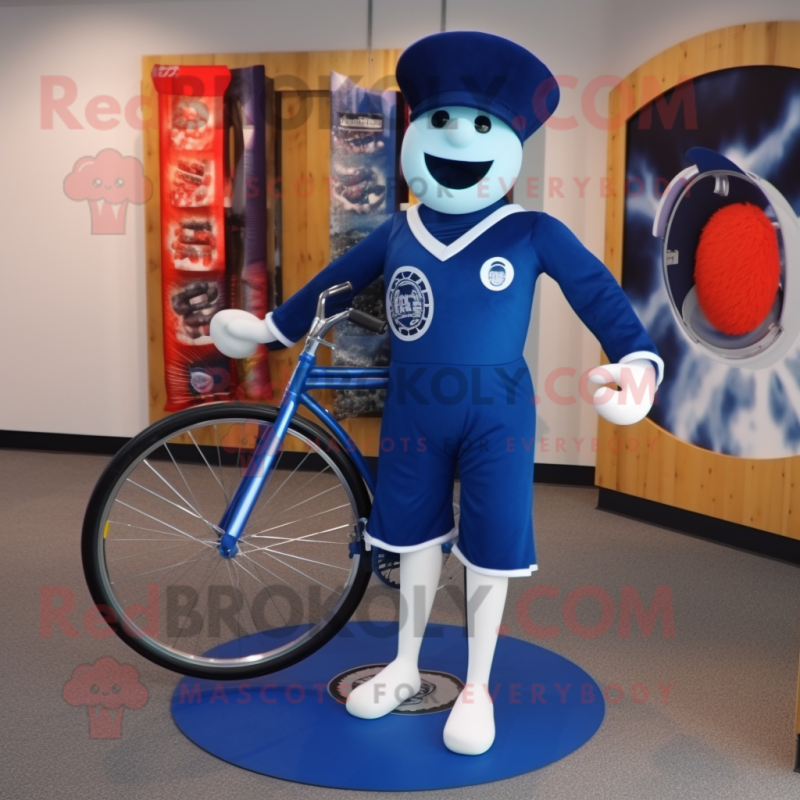 Navy Unicyclist mascot costume character dressed with a Jumpsuit and Shawl pins Navy Unicyclist mascot costume character dressed with a Jumpsuit and Shawl pins