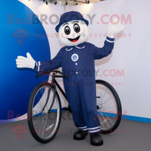 Navy Unicyclist mascot costume character dressed with a Jumpsuit and Shawl pins