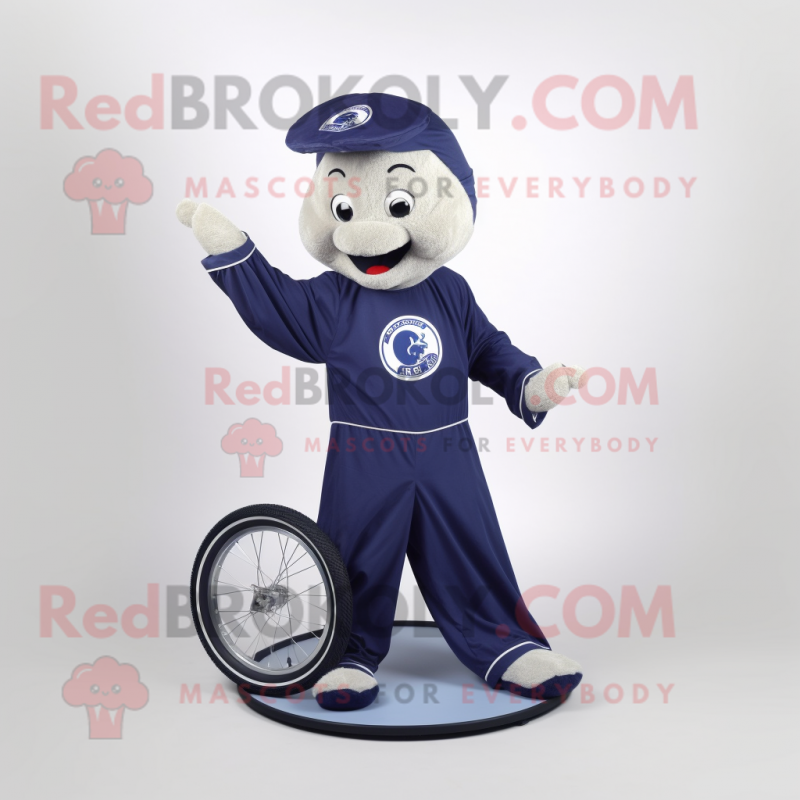 Navy Unicyclist mascot costume character dressed with a Jumpsuit and Shawl pins