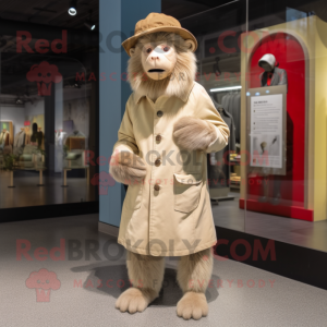 Cream Baboon mascot costume character dressed with a Coat and Berets