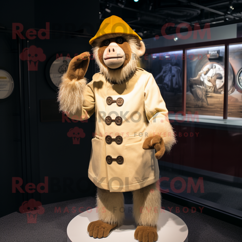 Cream Baboon mascot costume character dressed with a Coat and Berets Cream Baboon mascot costume character dressed with a Coat and Berets