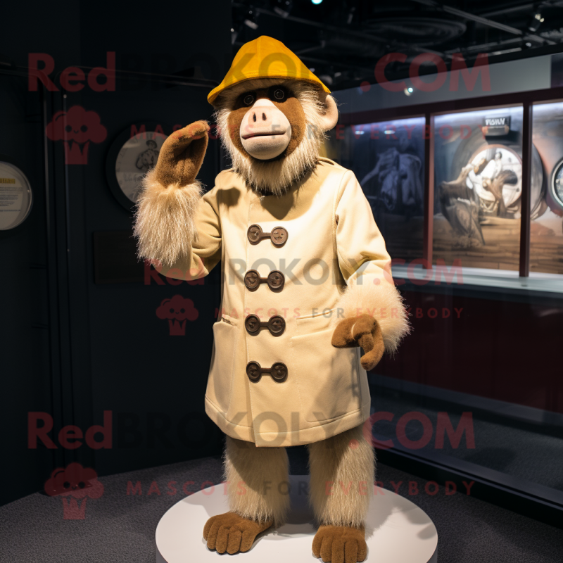 Cream Baboon mascot costume character dressed with a Coat and Berets