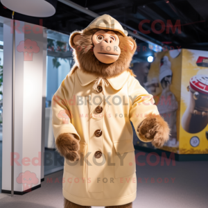Cream Baboon mascot costume character dressed with a Coat and Berets