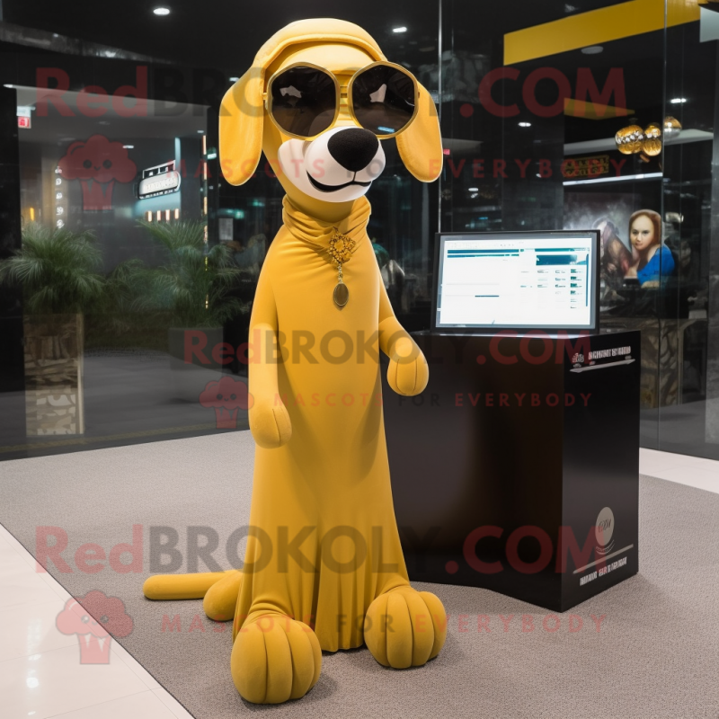 Gold Dog mascot costume character dressed with a Maxi Dress and Eyeglasses