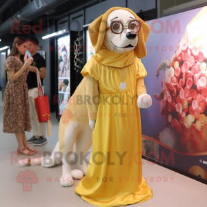 Gold Dog mascot costume character dressed with a Maxi Dress and Eyeglasses