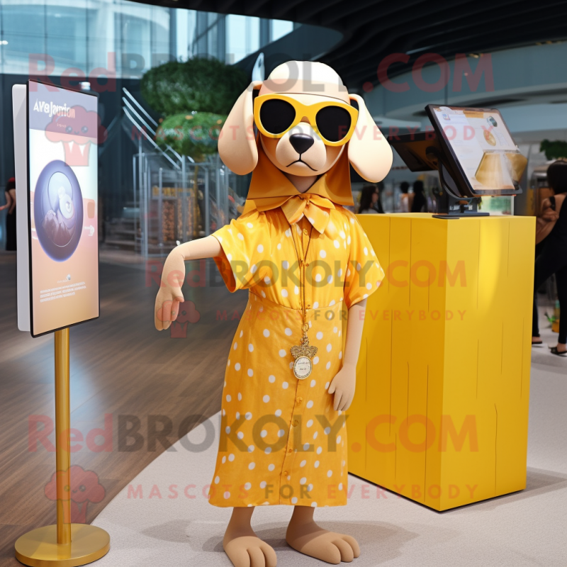 Gold Dog mascot costume character dressed with a Maxi Dress and