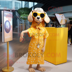 Gold Dog mascot costume character dressed with a Maxi Dress and Eyeglasses