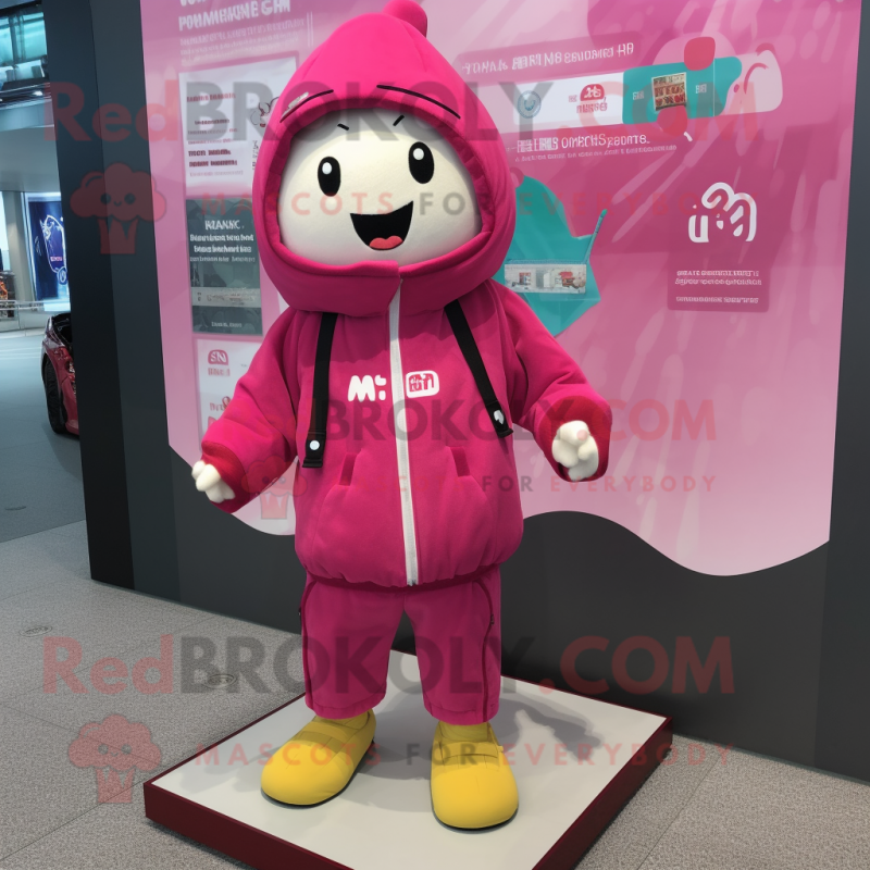 Magenta Miso Soup mascot costume character dressed with a Parka and Shoe laces Magenta Miso Soup mascot costume character dressed with a Parka and Shoe laces