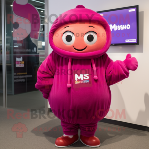 Magenta Miso Soup mascot costume character dressed with a Parka and Shoe laces