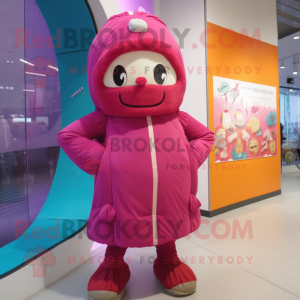 Magenta Miso Soup mascot costume character dressed with a Parka and Shoe laces