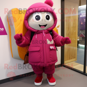 Magenta Miso Soup mascot costume character dressed with a Parka and Shoe laces