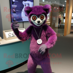 Purple Lemur mascot costume character dressed with a Henley Tee and Bracelet watches
