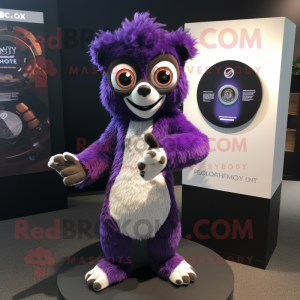 Purple Lemur mascot costume character dressed with a Henley Tee and Bracelet watches