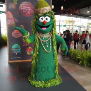 Forest Green Biryani mascot costume character dressed with a Maxi Dress and Necklaces