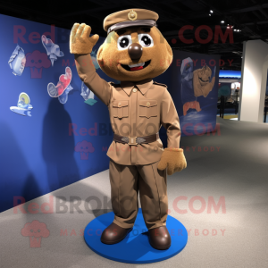 Brown Navy Soldier mascot costume character dressed with a Dress Shirt and Foot pads