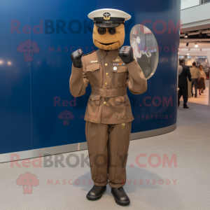 Brown Navy Soldier mascot costume character dressed with a Dress Shirt and Foot pads