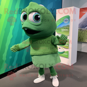 Green Salmon mascot costume character dressed with a Sweater and Earrings