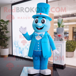 Sky Blue Hourglass mascot costume character dressed with a Vest and Hats