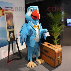 Sky Blue Macaw mascot costume character dressed with a Dress Shirt and Briefcases