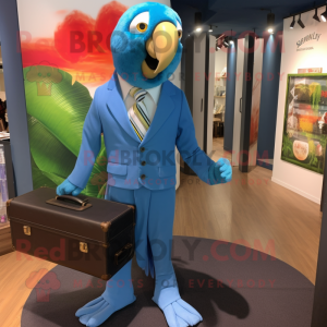 Sky Blue Macaw mascot costume character dressed with a Dress Shirt and Briefcases