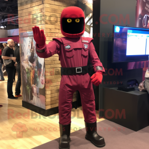 Maroon Gi Joe mascot costume character dressed with a Skinny Jeans and Foot pads