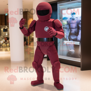 Maroon Gi Joe mascot costume character dressed with a Skinny Jeans and Foot pads