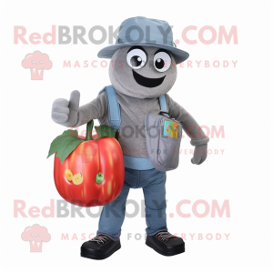 Gray Tomato mascot costume character dressed with a Jeans and Messenger bags