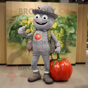 Gray Tomato mascot costume character dressed with a Jeans and Messenger bags