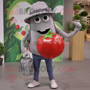 Gray Tomato mascot costume character dressed with a Jeans and Messenger bags