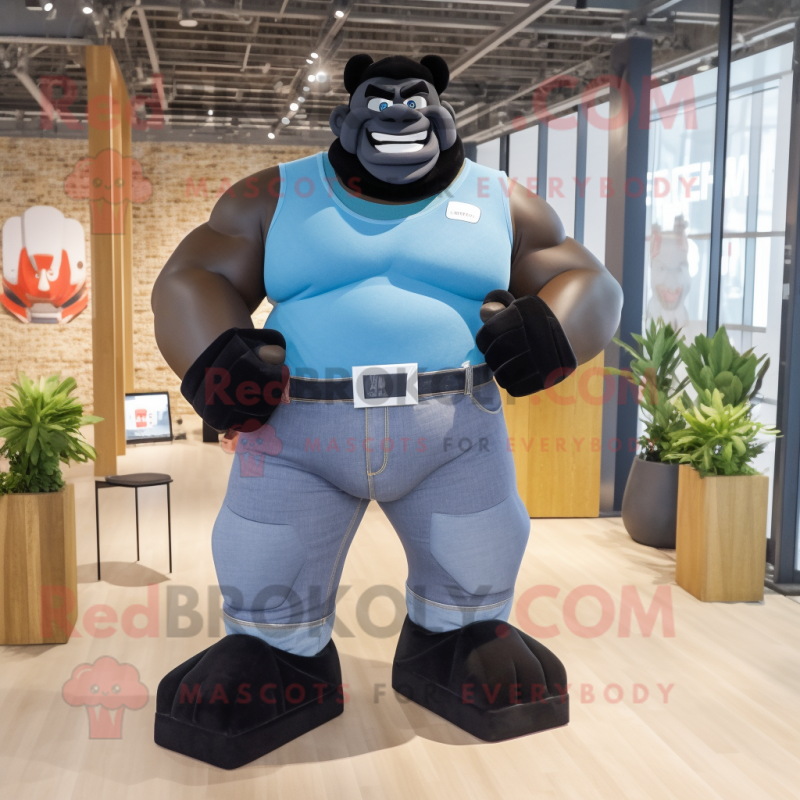 Black Strongman mascot costume character dressed with a Denim Shirt and Anklets