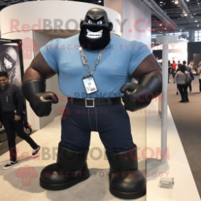 Black Strongman mascot costume character dressed with a Denim Shirt and Anklets