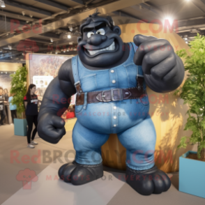 Black Strongman mascot costume character dressed with a Denim Shirt and Anklets