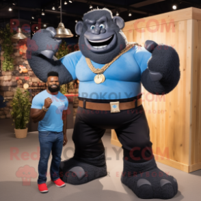 Black Strongman mascot costume character dressed with a Denim Shirt and Anklets