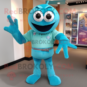 Teal Spider mascot costume character dressed with a Henley Shirt and Belts