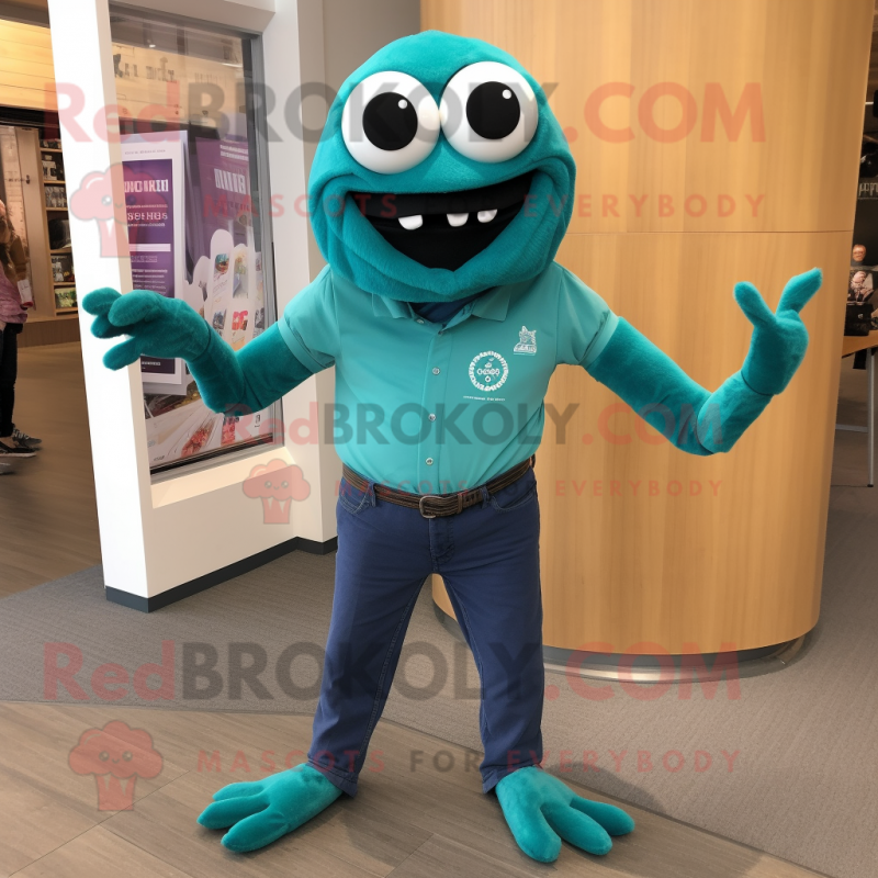 Teal Spider mascot costume character dressed with a Henley Shirt and Belts