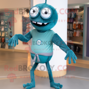 Teal Spider mascot costume character dressed with a Henley Shirt and Belts