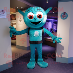 Teal Spider mascot costume character dressed with a Henley Shirt and Belts