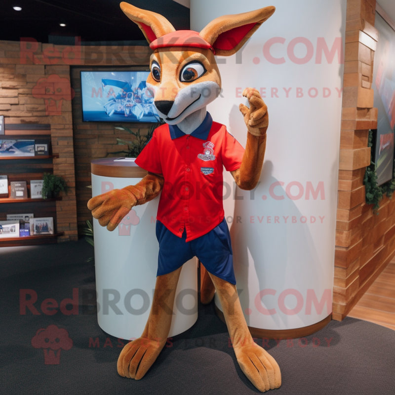 Red Kangaroo mascot costume character dressed with a Bootcut Jeans and Bracelet watches