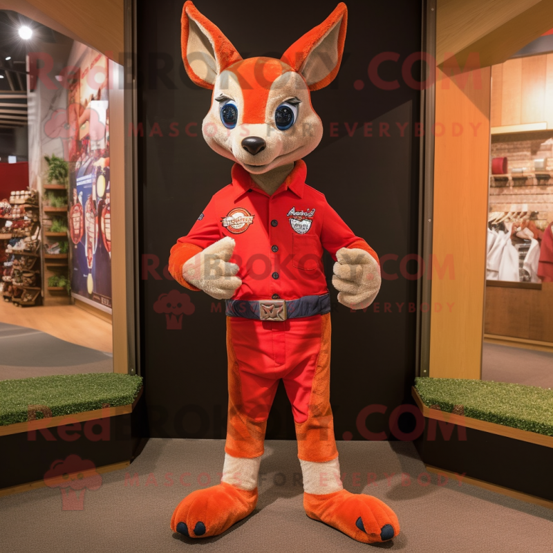 Red Kangaroo mascot costume character dressed with a Bootcut Jeans and Bracelet watches