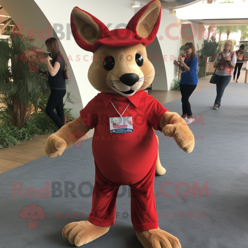 Red Kangaroo mascot costume character dressed with a Bootcut Jeans and Bracelet watches