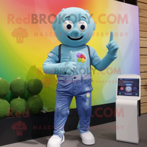 Cyan Rainbow mascot costume character dressed with a Denim Shirt and Smartwatches