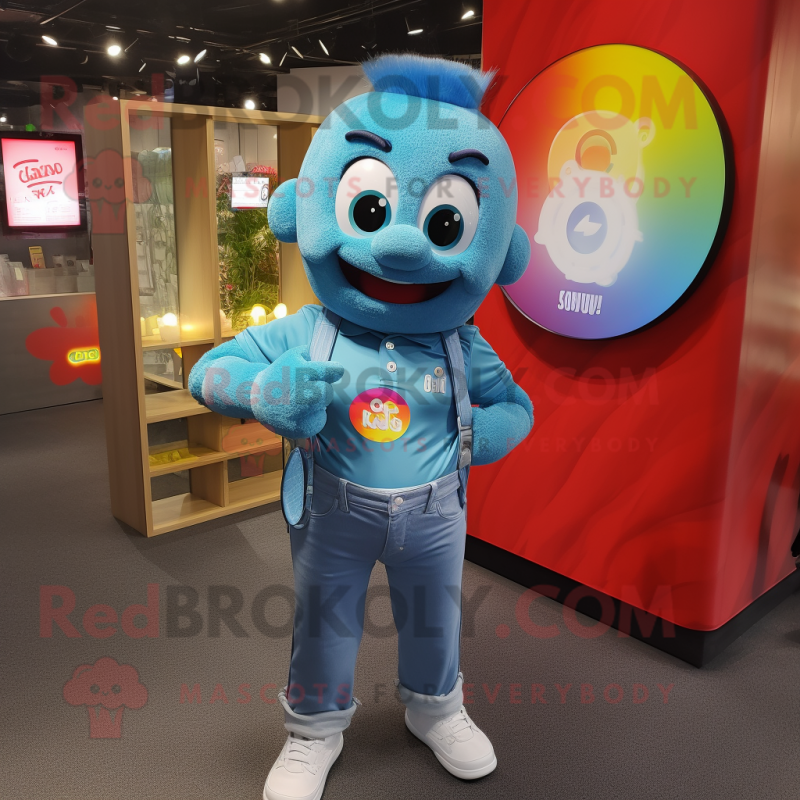 Cyan Rainbow mascot costume character dressed with a Denim Shirt and Smartwatches Cyan Rainbow mascot costume character dressed with a Denim Shirt and Smartwatches