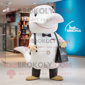 White Humpback Whale mascot costume character dressed with a Chinos and Suspenders