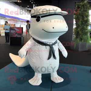 White Humpback Whale mascot costume character dressed with a Chinos and Suspenders