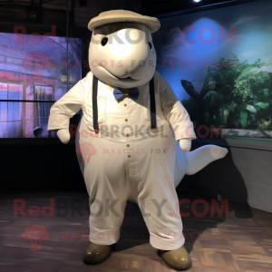 White Humpback Whale mascot costume character dressed with a Chinos and Suspenders