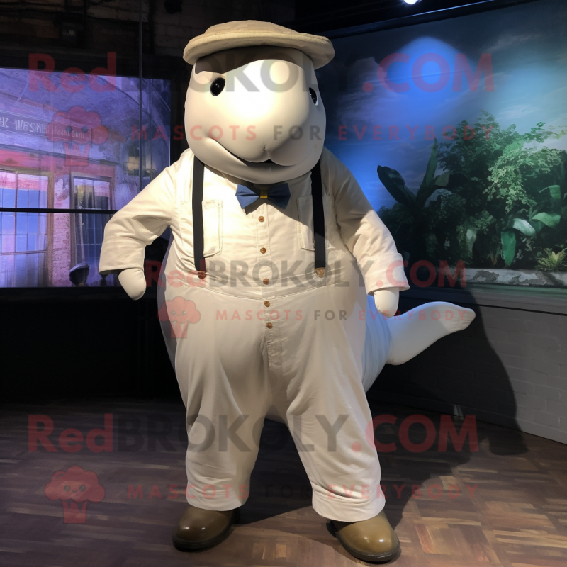 White Humpback Whale mascot costume character dressed with a Chinos and Suspenders White Humpback Whale mascot costume character dressed with a Chinos and Suspenders