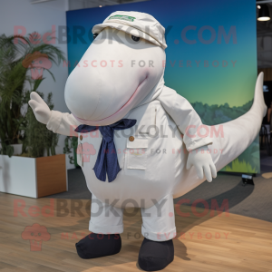 White Humpback Whale mascot costume character dressed with a Chinos and Suspenders