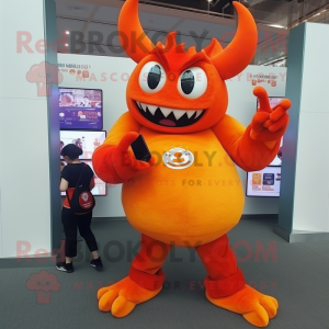 Orange Demon mascot costume character dressed with a Wrap Skirt and Smartwatches